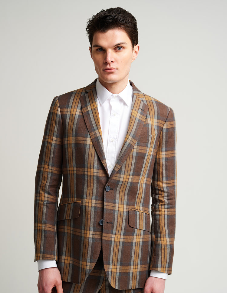 Brown with Orange & Blue Check Linen Suit