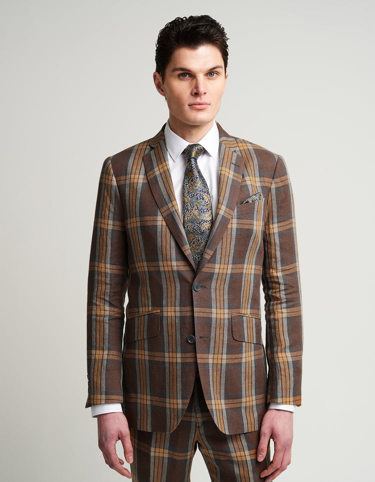 Brown with Orange & Blue Check Linen Suit