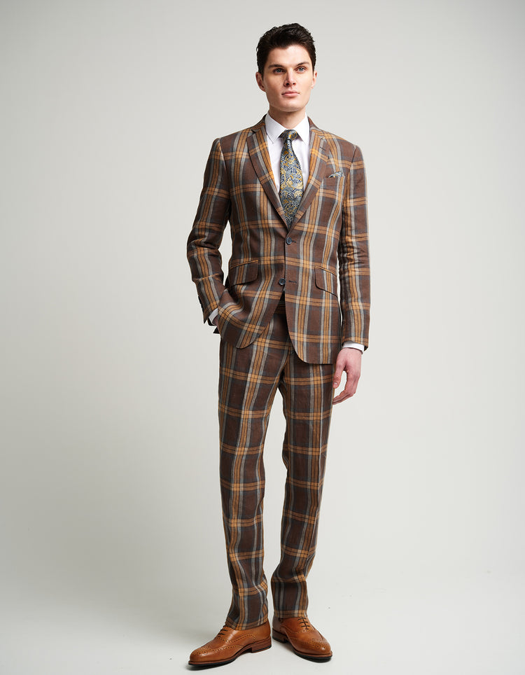 Brown with Orange & Blue Check Linen Suit